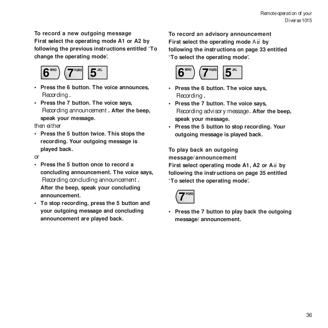 BT Diverse 1015 manual To record a new outgoing message, To record an advisory announcement 