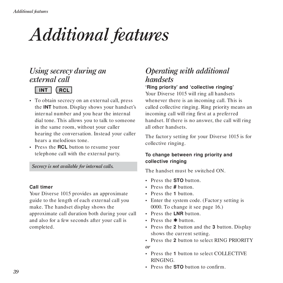 BT Diverse 1015 manual Additional features, Using secrecy during an external call, Operating with additional handsets 