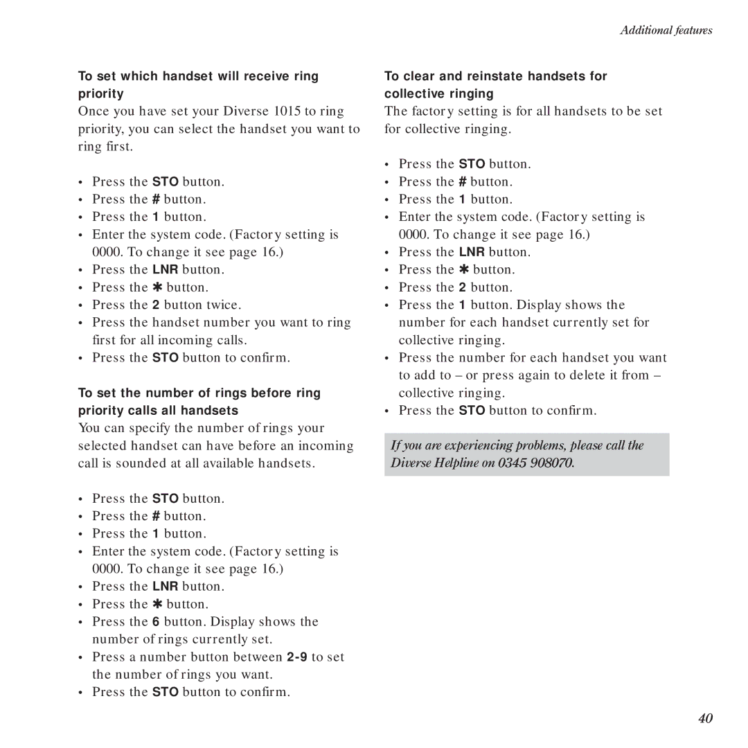 BT Diverse 1015 To set which handset will receive ring priority, To clear and reinstate handsets for collective ringing 