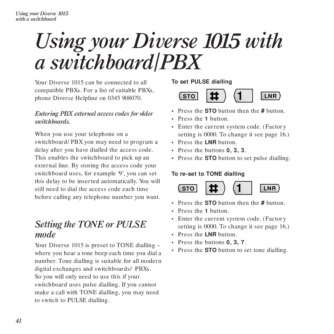 BT manual Using your Diverse 1015 with a switchboard/PBX, Setting the Tone or Pulse mode, To set Pulse dialling 