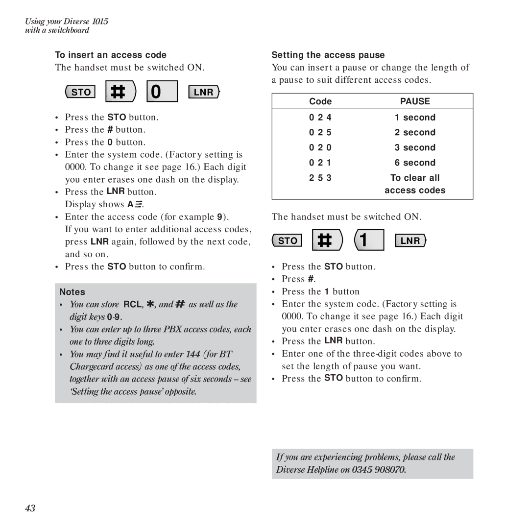 BT Diverse 1015 manual To insert an access code, Setting the access pause, Code, Second, To clear all, Access codes 