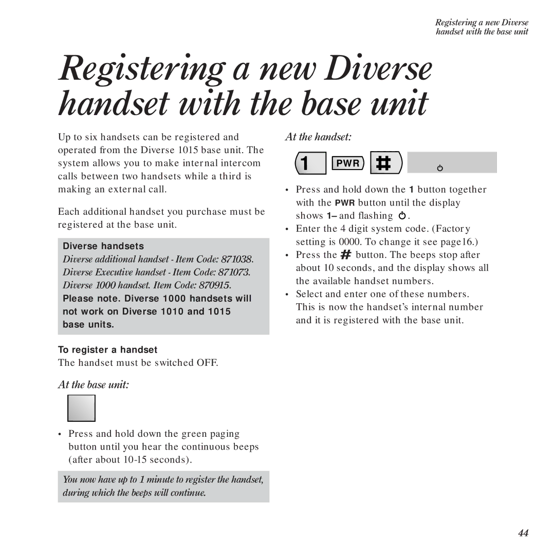 BT Diverse 1015 Registering a new Diverse handset with the base unit, At the base unit, At the handset, Diverse handsets 