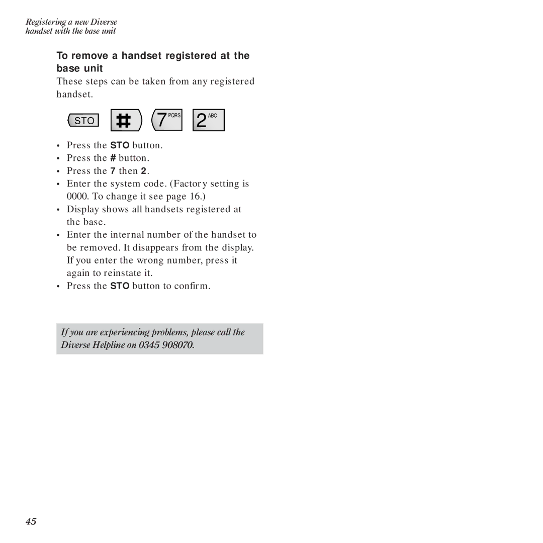 BT Diverse 1015 manual To remove a handset registered at the base unit 