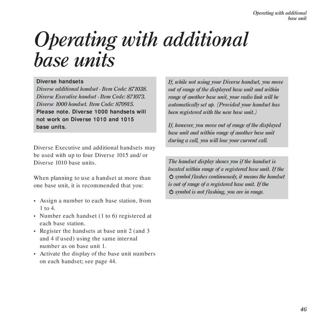 BT Diverse 1015 manual Operating with additional base units 