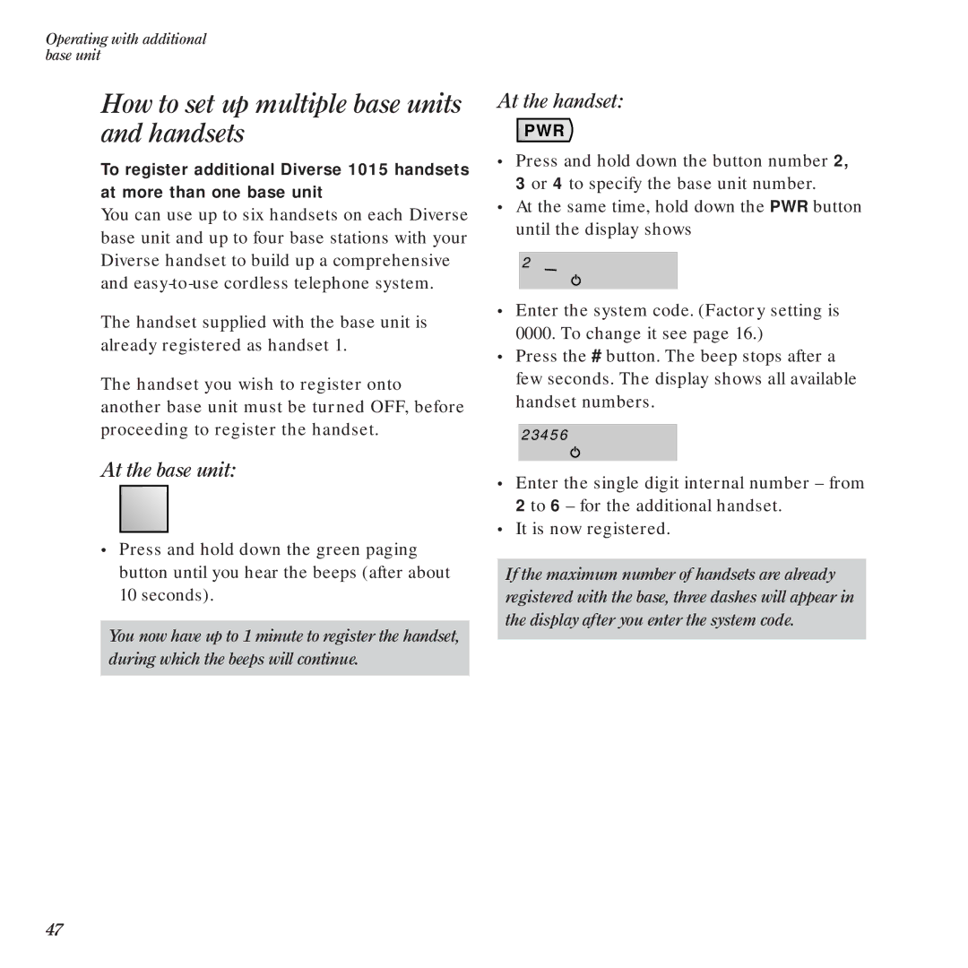 BT Diverse 1015 manual How to set up multiple base units and handsets, At the base unit 