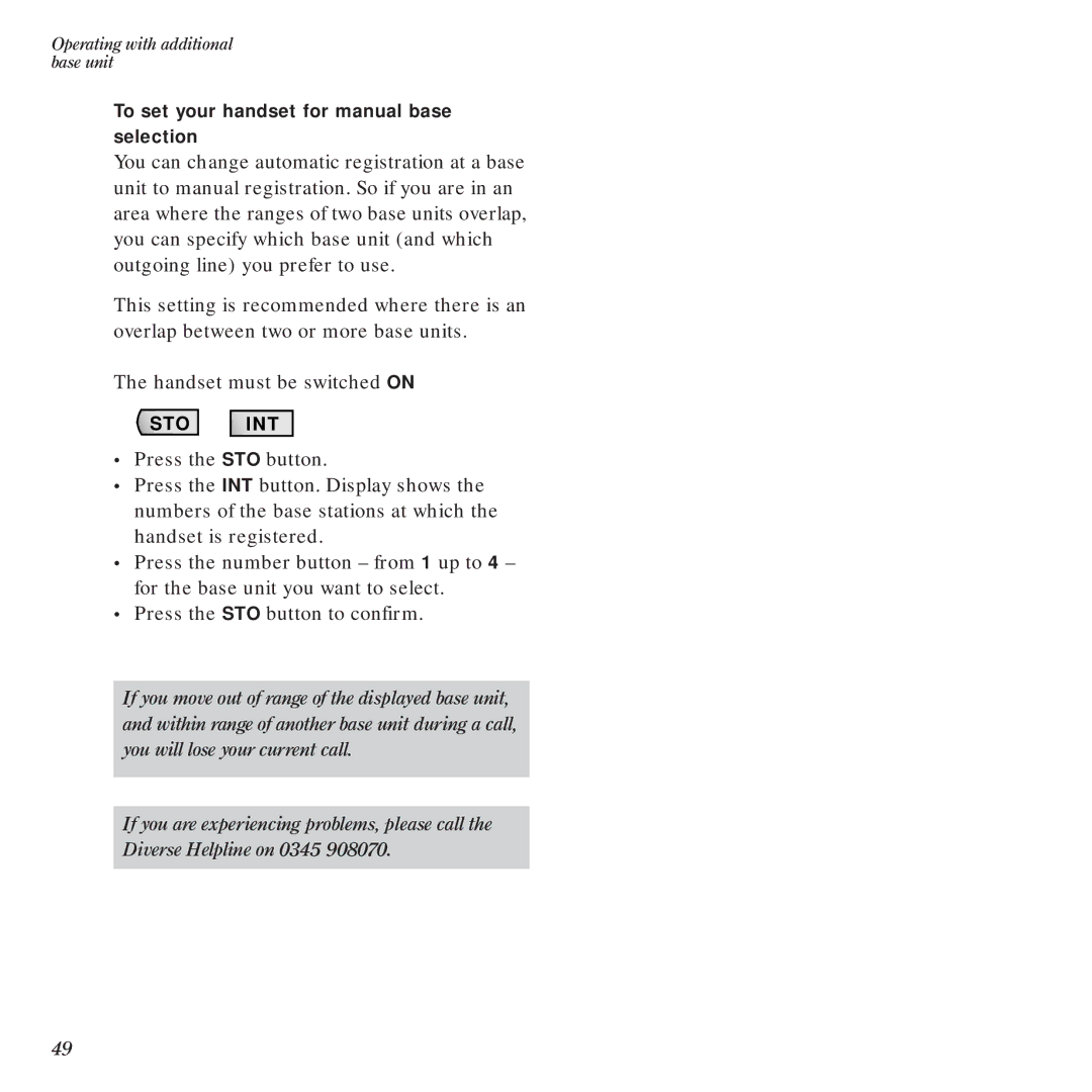 BT Diverse 1015 To set your handset for manual base selection 