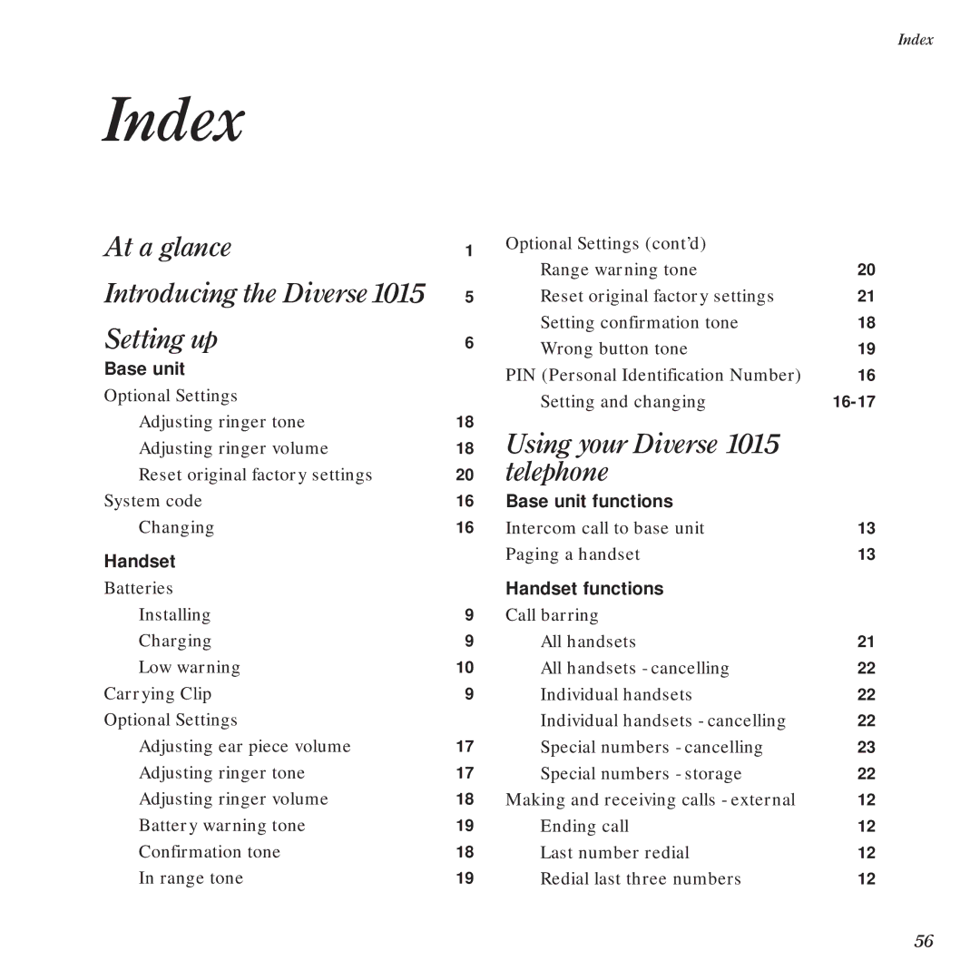 BT Diverse 1015 manual Index 