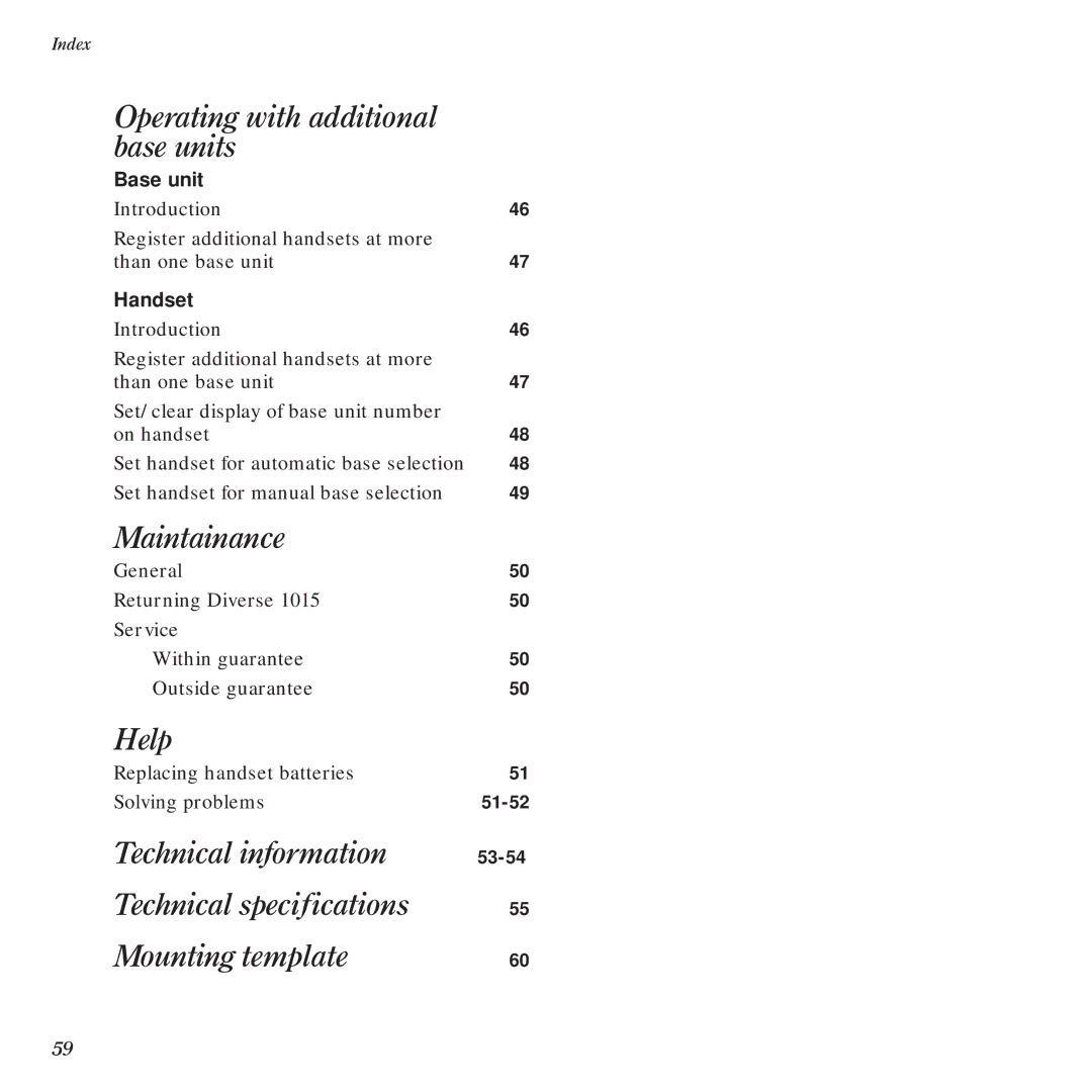BT Diverse 1015 manual Operating with additional base units, Maintainance, Help, 51-52, 53-54 