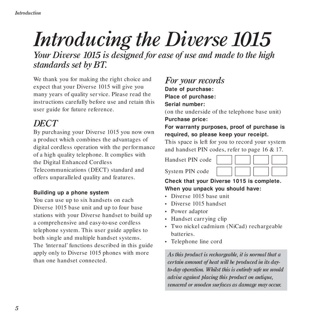 BT Diverse 1015 manual Introducing the Diverse1015, For your records, Building up a phone system 