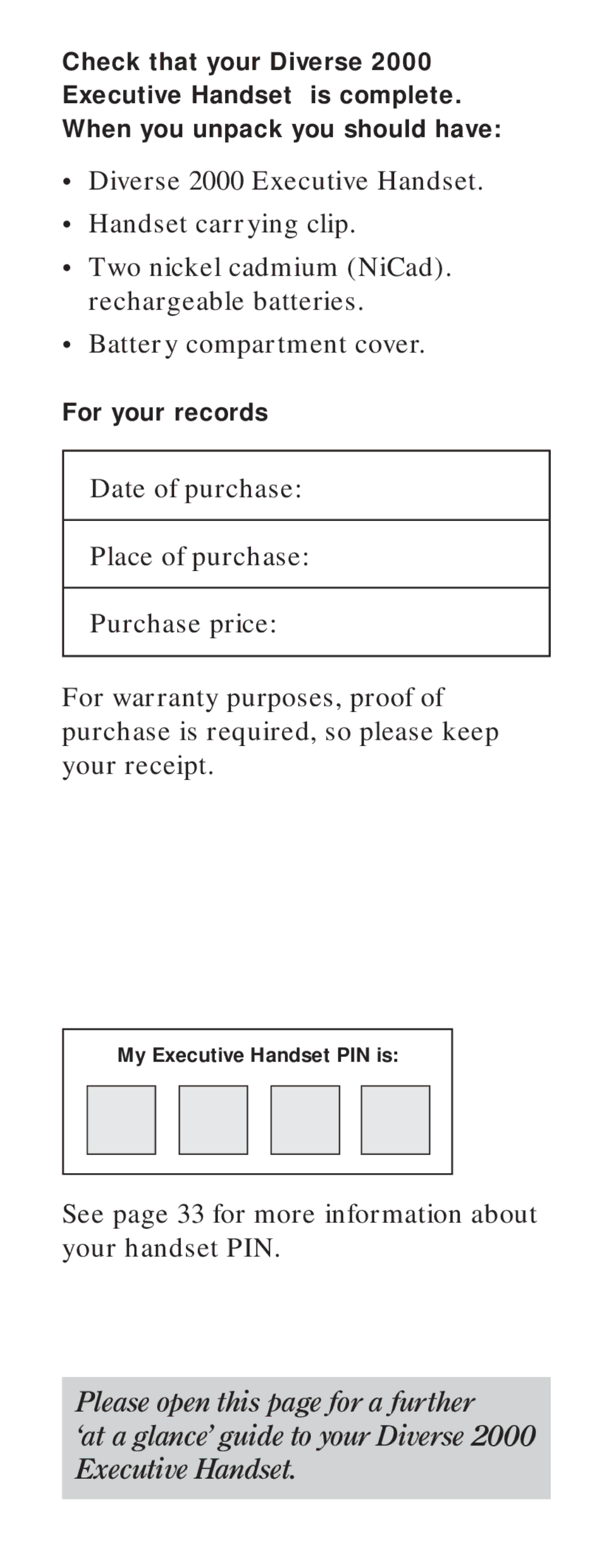 BT Diverse 2000 user manual See page 33 for more information about your handset PIN 