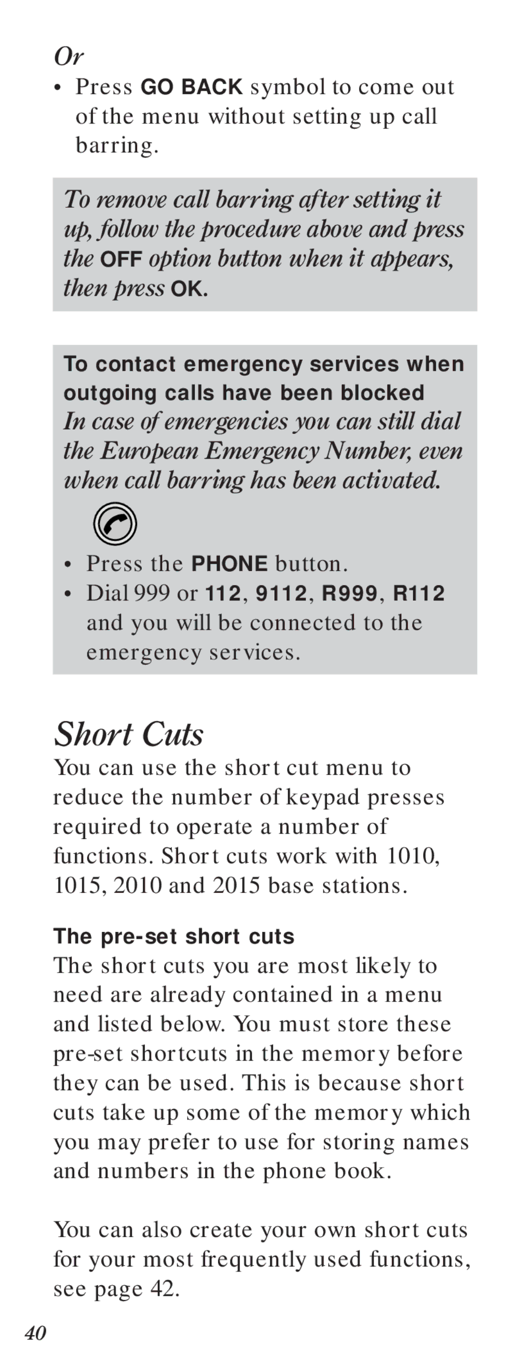 BT Diverse 2000 user manual Short Cuts 