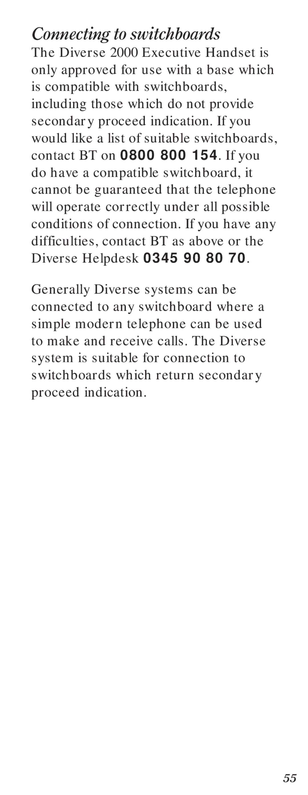 BT Diverse 2000 user manual Connecting to switchboards 