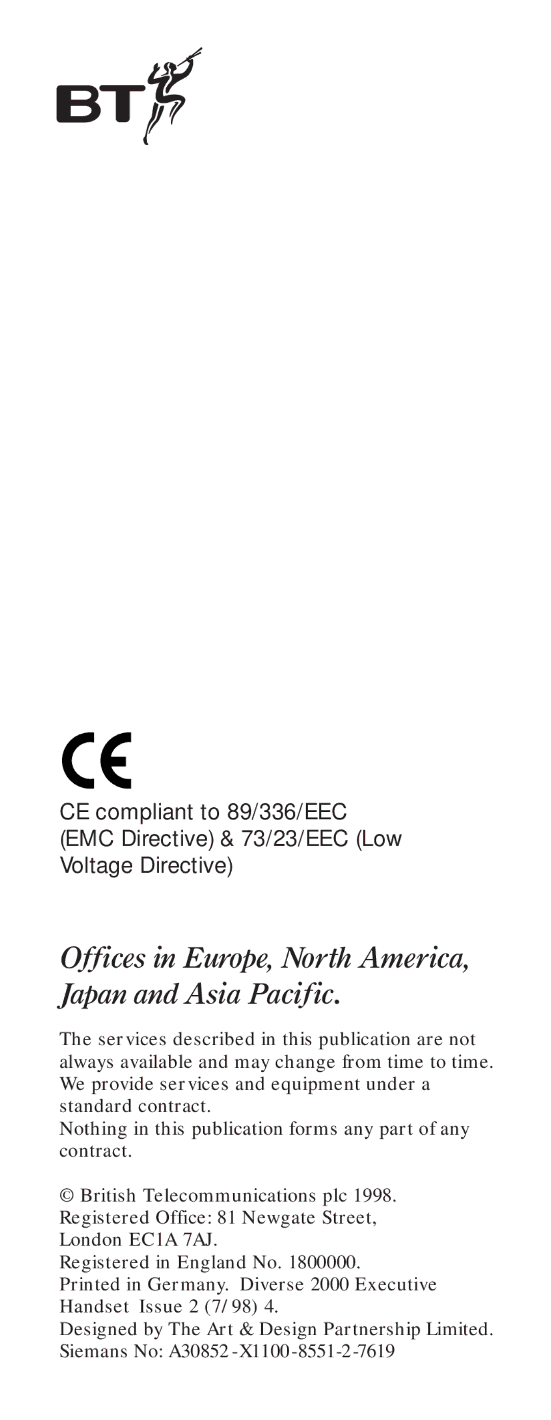 BT Diverse 2000 user manual Offices in Europe, North America, Japan and Asia Pacific 