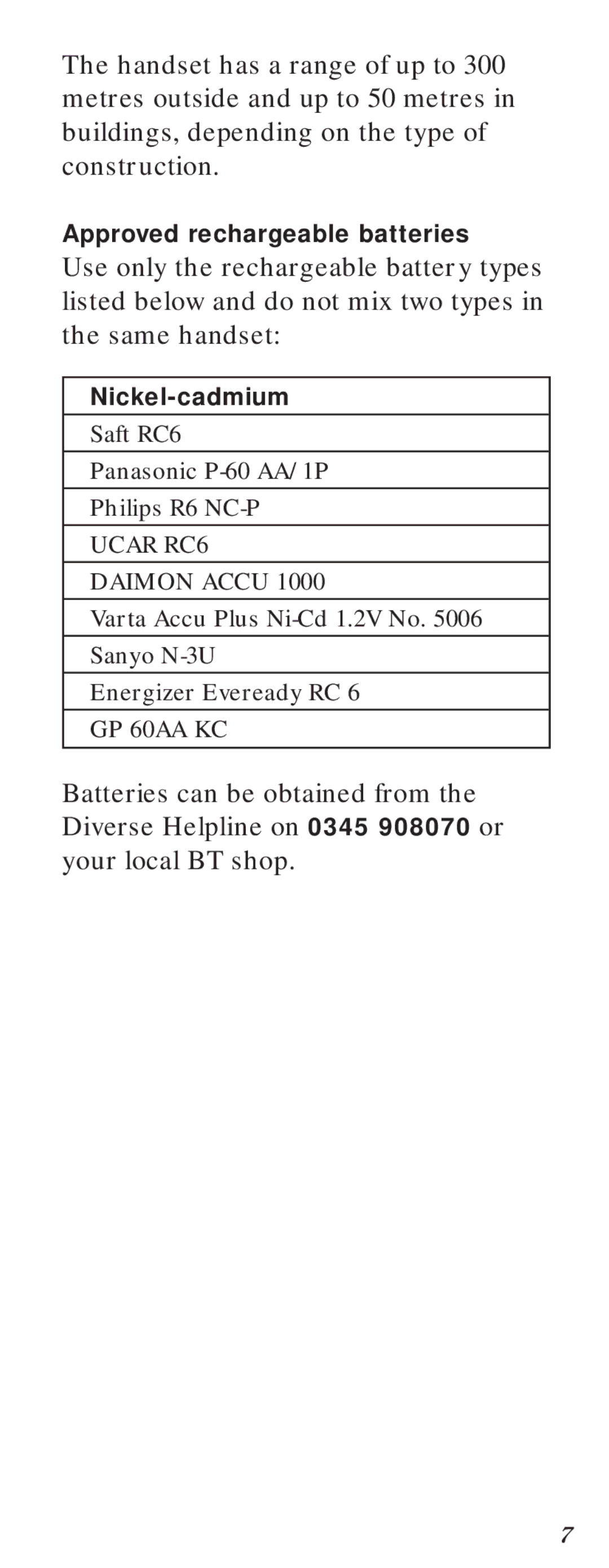 BT Diverse 2000 user manual Approved rechargeable batteries 