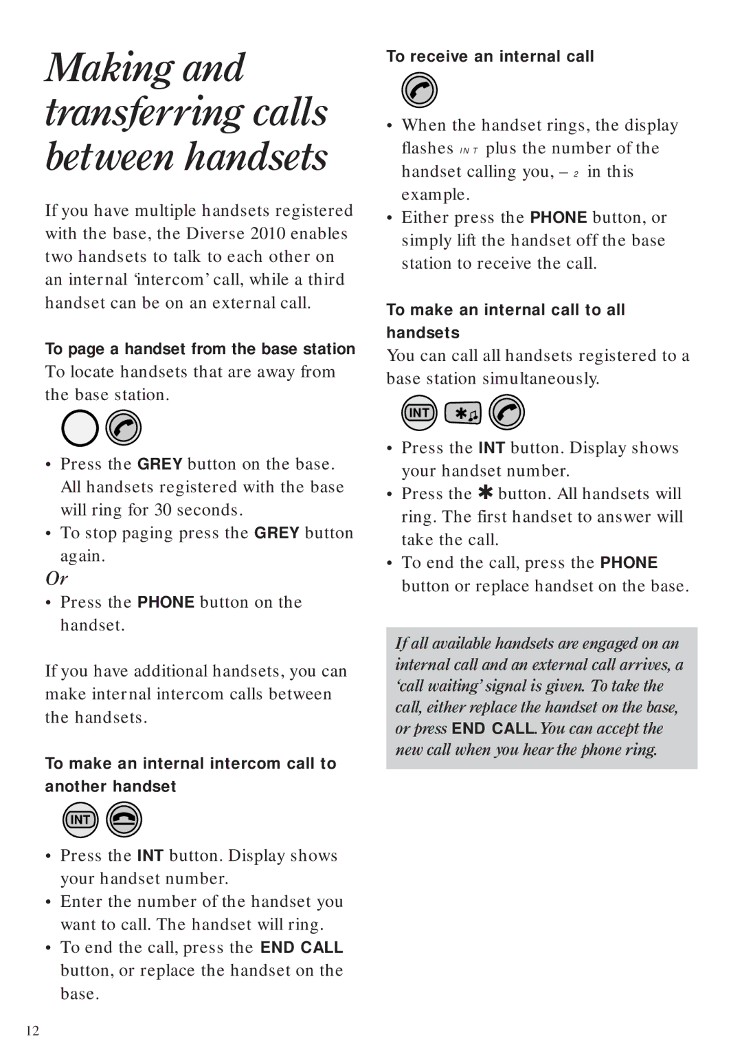 BT Diverse 2010 manual To page a handset from the base station, To make an internal intercom call to Another handset 