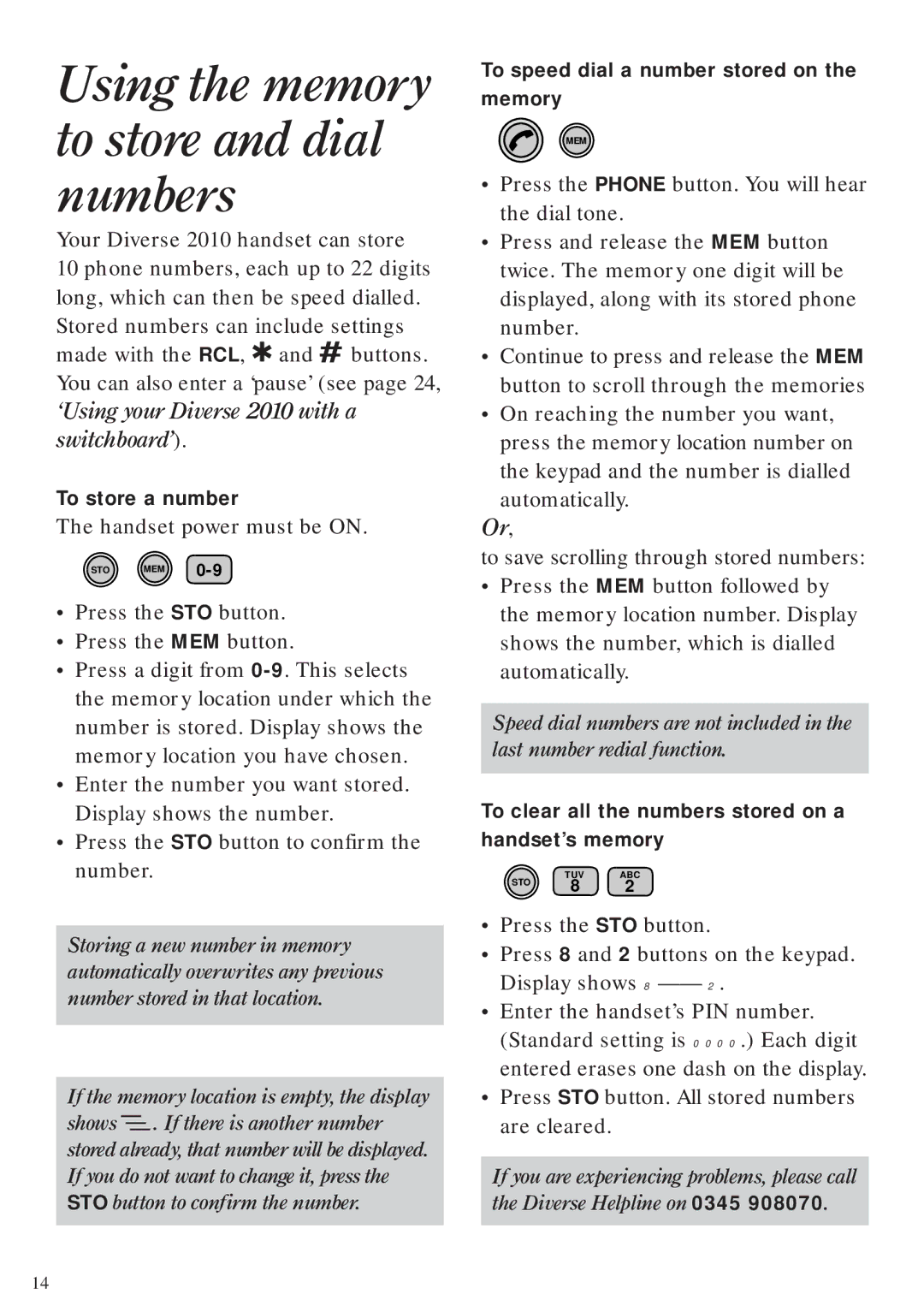 BT Diverse 2010 manual To store a number, To speed dial a number stored on Memory 