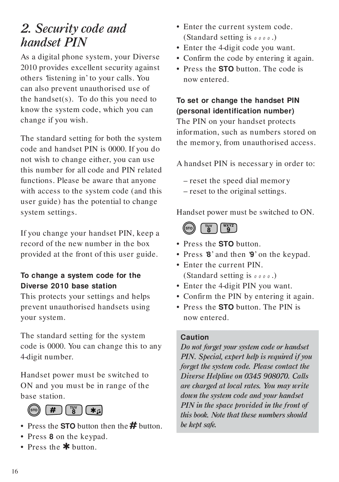 BT manual Security code and handset PIN, To change a system code for Diverse 2010 base station 