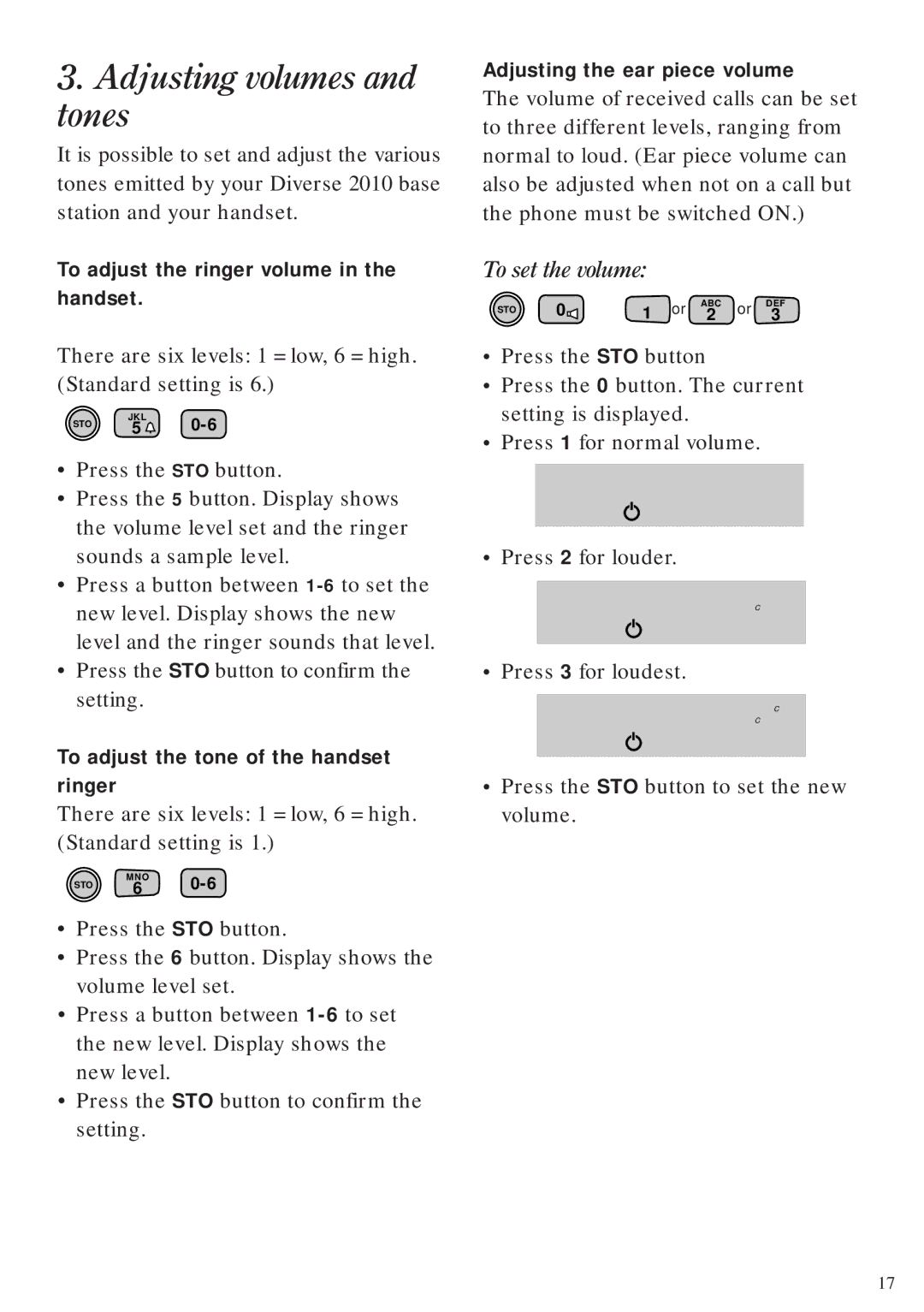BT Diverse 2010 Adjusting volumes and tones, To adjust the ringer volume Handset, Adjusting the ear piece volume, Ringer 