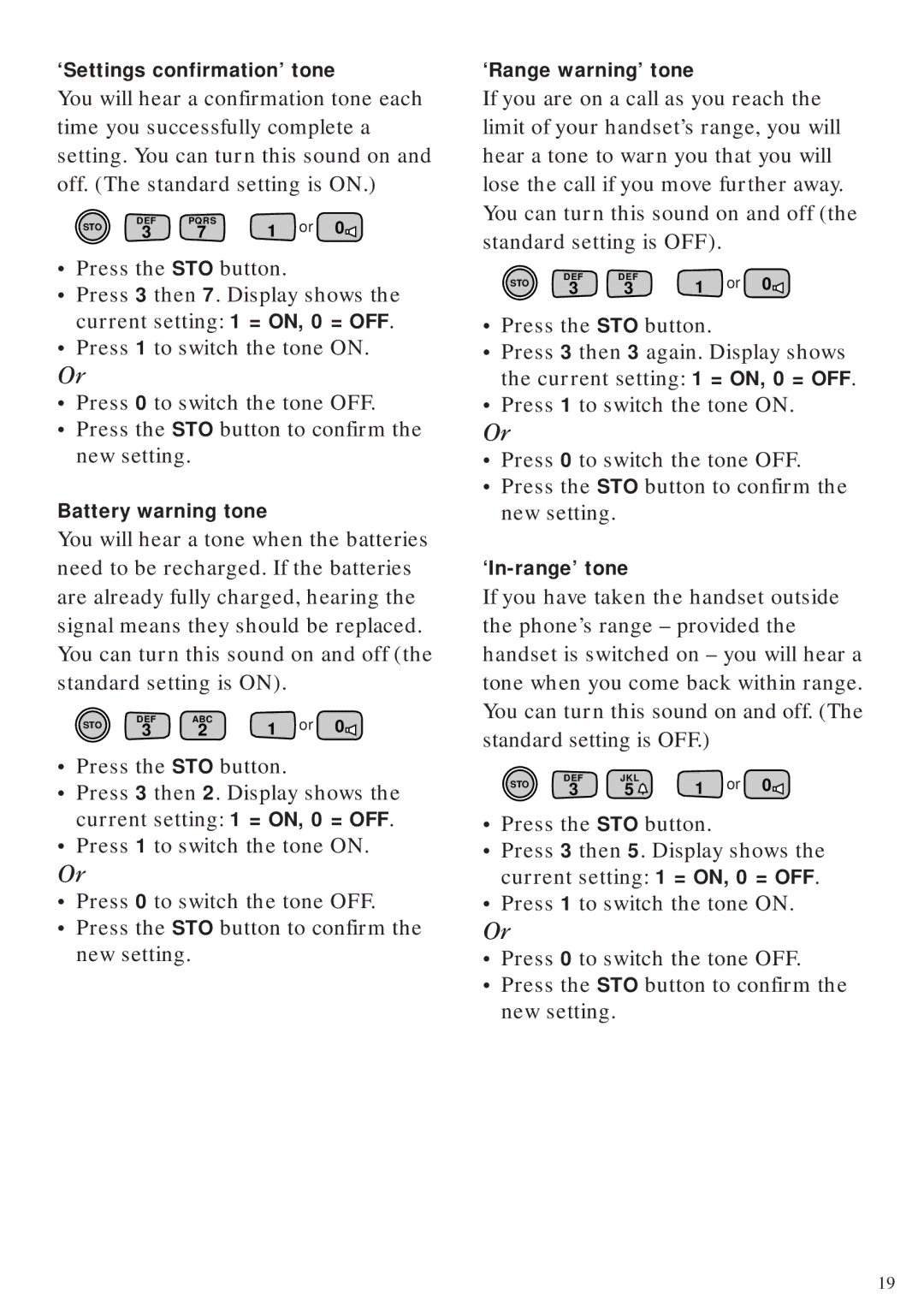 BT Diverse 2010 manual ‘Settings confirmation’ tone, Battery warning tone, ‘Range warning’ tone, ‘In-range’ tone 