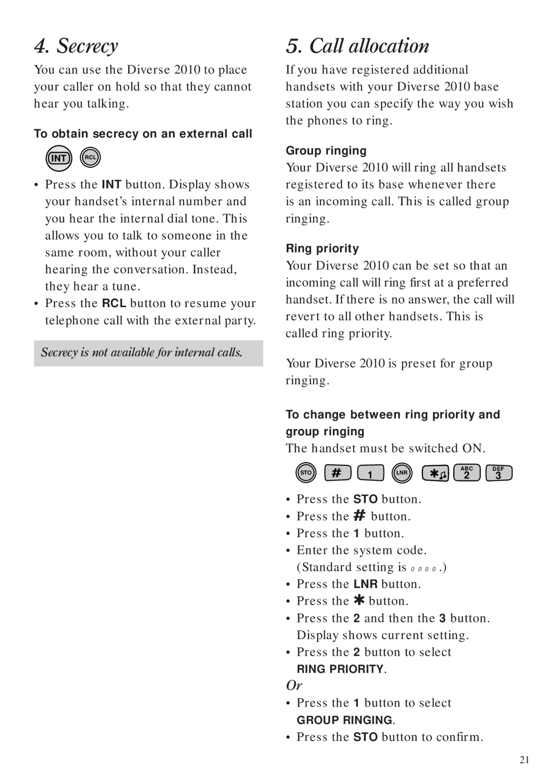 BT Diverse 2010 manual Secrecy, Call allocation 
