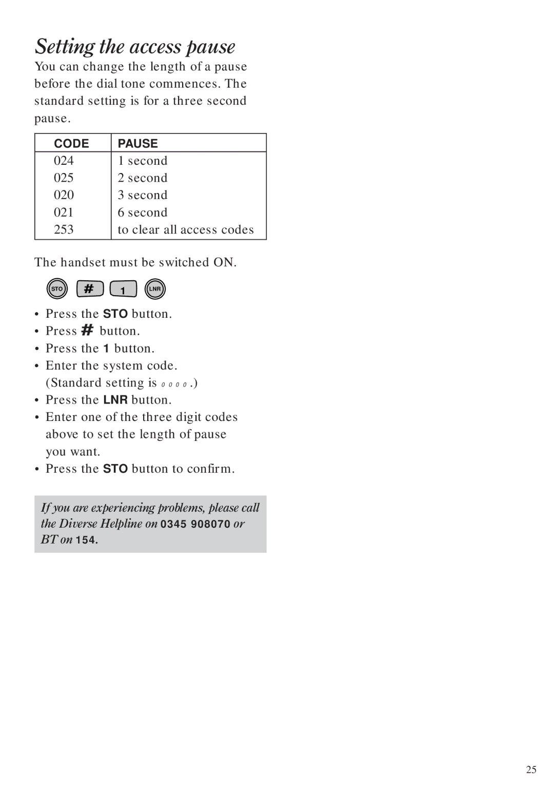 BT Diverse 2010 manual Setting the access pause 