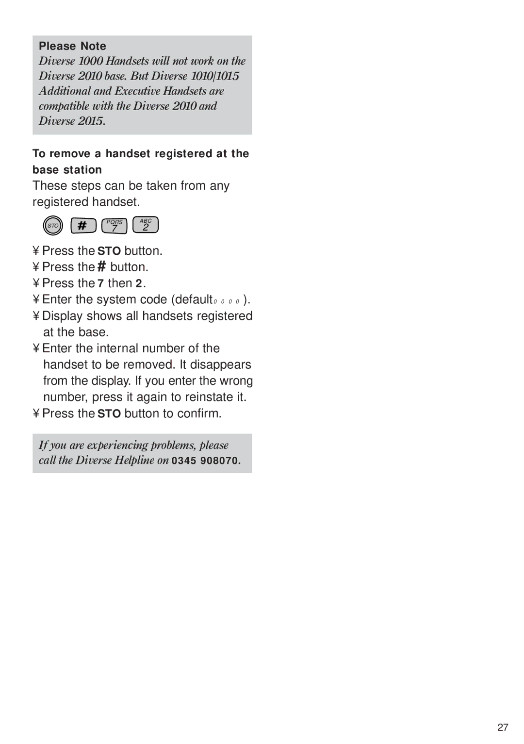 BT Diverse 2010 manual Please Note, To remove a handset registered at Base station 