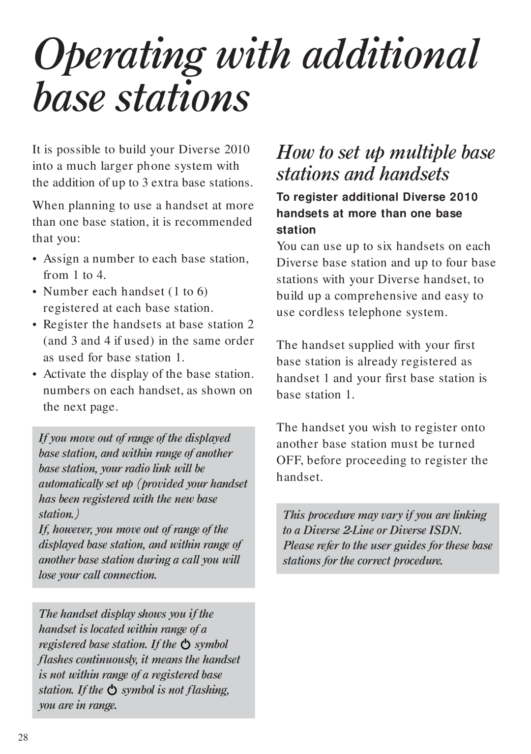 BT Diverse 2010 manual Operating with additional base stations, How to set up multiple base stations and handsets 