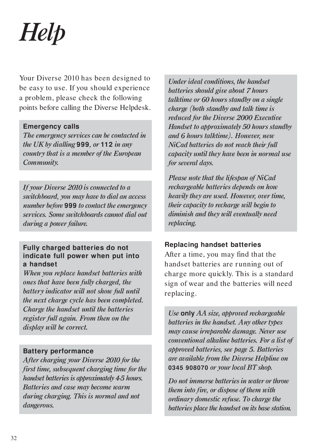 BT Diverse 2010 manual Help, Emergency calls, Replacing handset batteries 