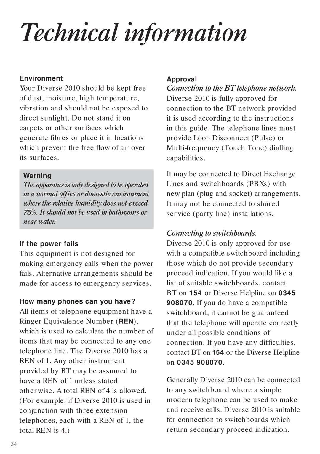 BT Diverse 2010 manual Technical information, Environment, Approval, If the power fails, How many phones can you have? 