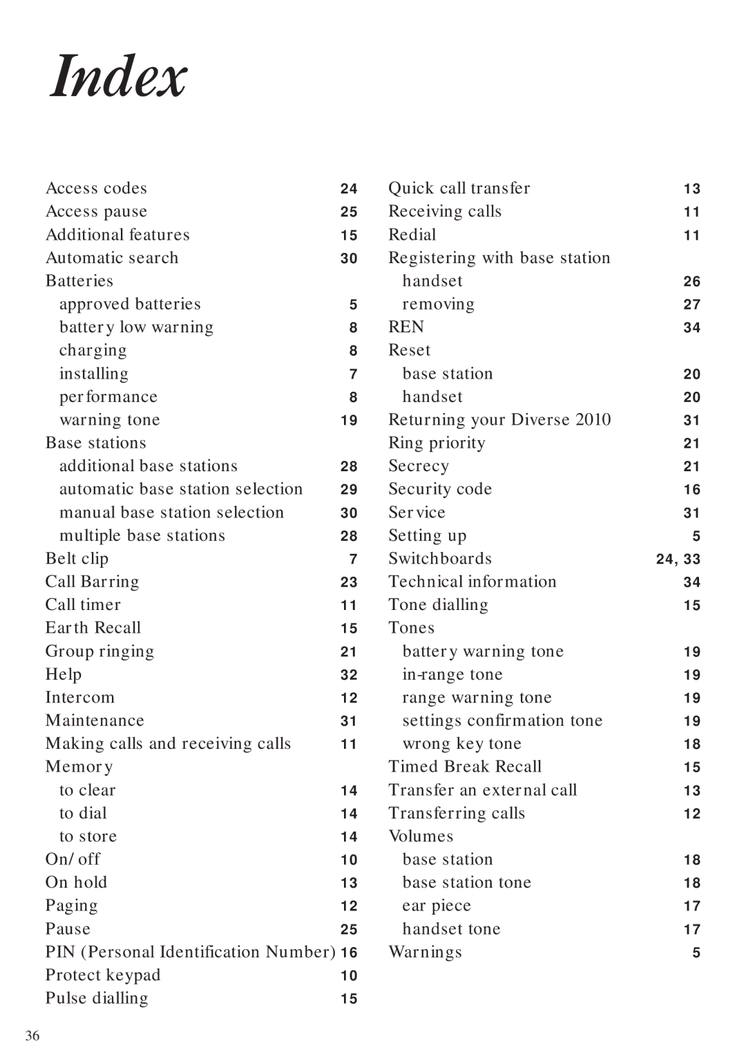 BT Diverse 2010 manual Index, Ren 