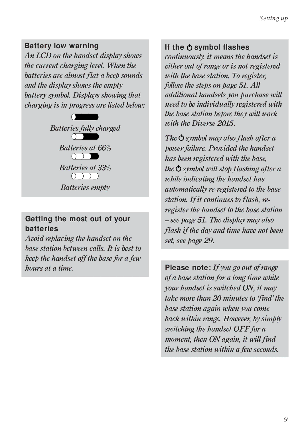 BT Diverse 2015 manual Battery low warning, Getting the most out of your batteries, If the symbol flashes 