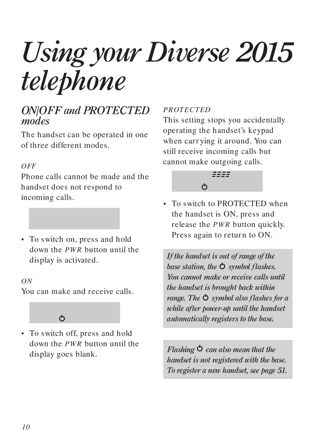 BT manual Using your Diverse 2015 telephone, ON/OFF and Protected modes 