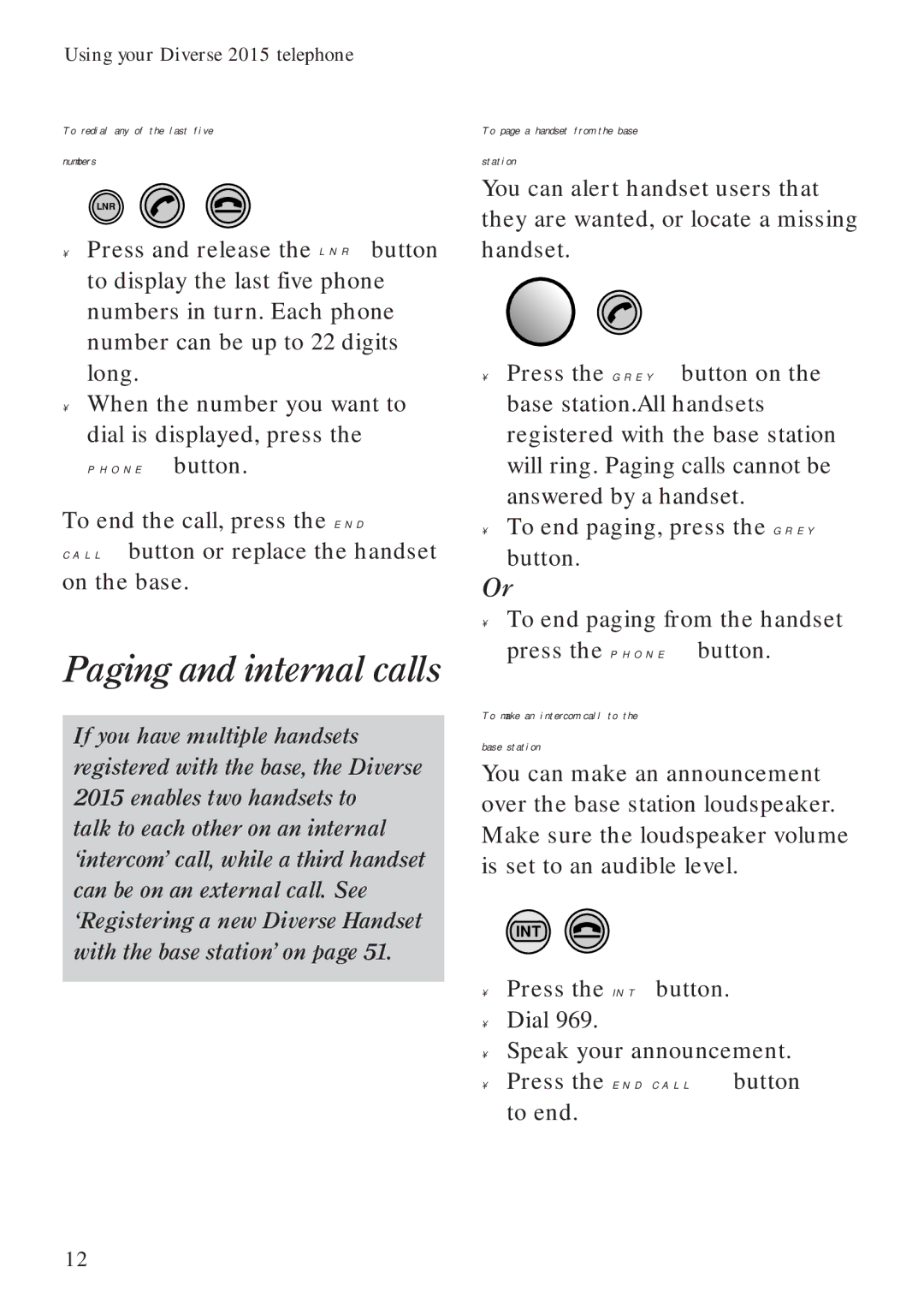 BT Diverse 2015 Paging and internal calls, To redial any of the last five numbers, To page a handset from the base station 