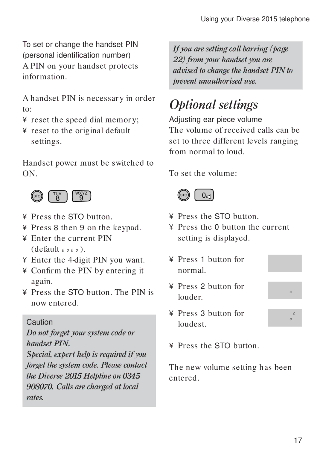 BT Diverse 2015 manual Optional settings, Adjusting ear piece volume 