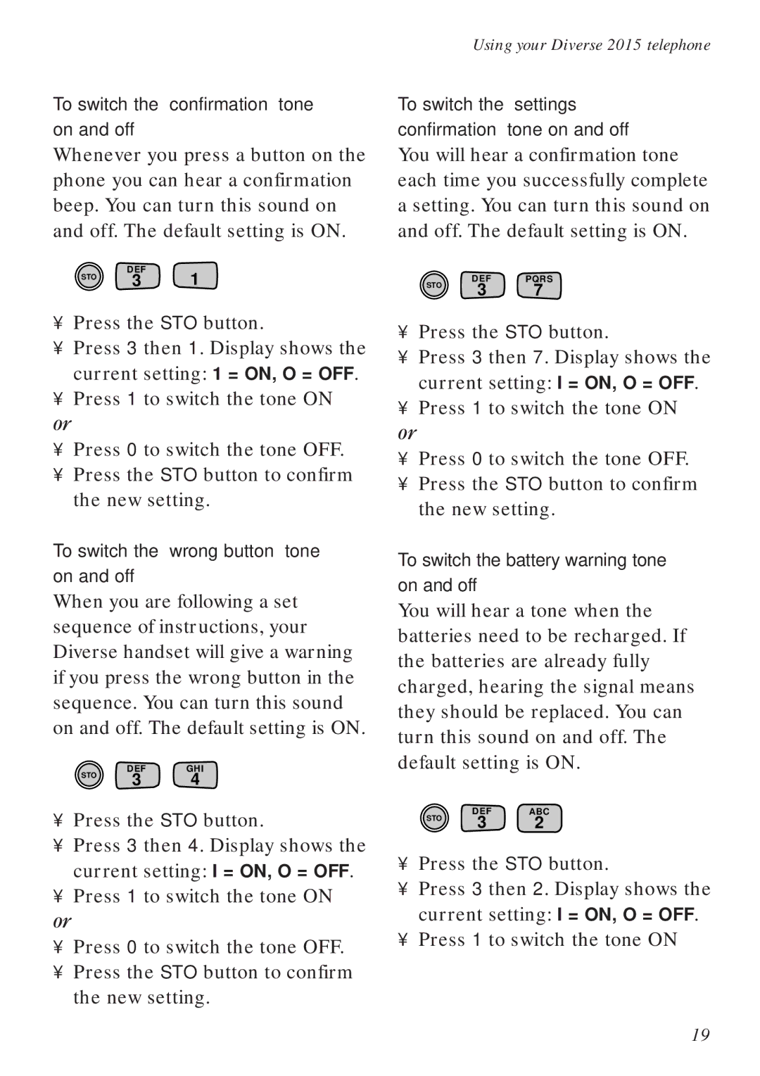 BT Diverse 2015 manual To switch the ‘confirmation’ tone on and off, To switch the ‘wrong button’ tone on and off 