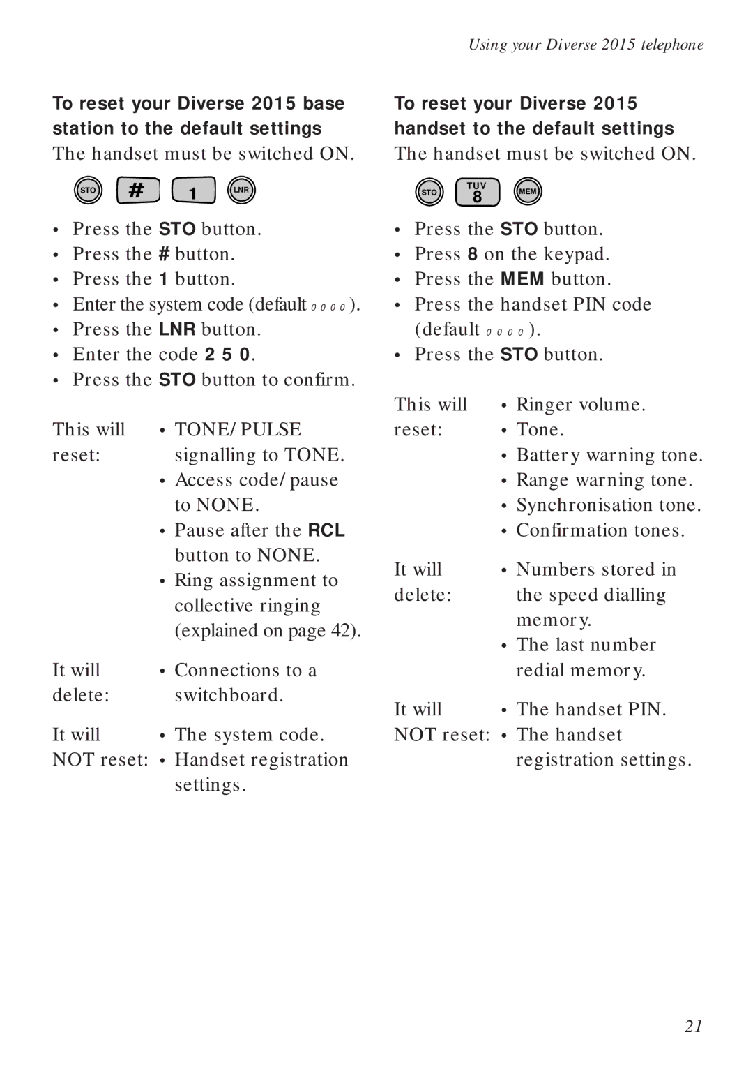 BT manual Tone/Pulse, To reset your Diverse 2015 handset to the default settings 