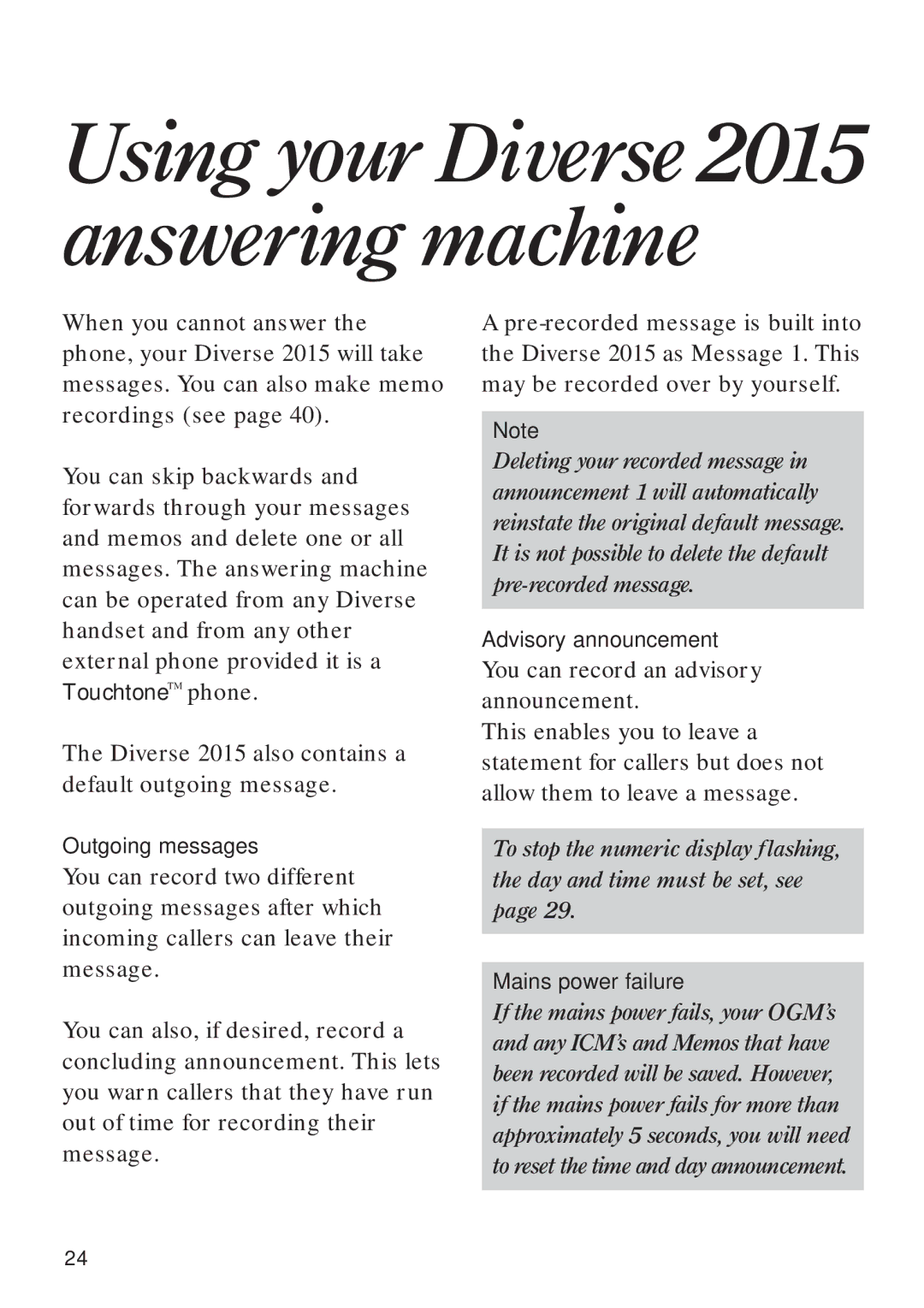 BT Diverse 2015 Using your Diverse2015 answering machine, Outgoing messages, Advisory announcement, Mains power failure 