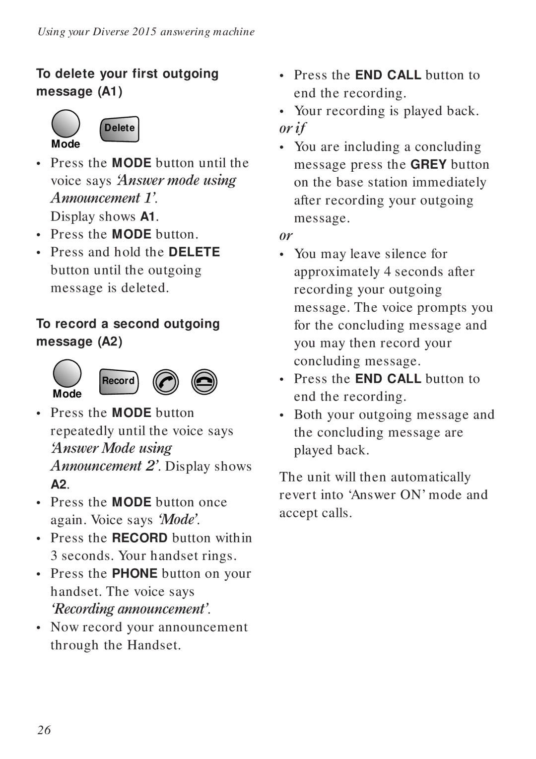 BT Diverse 2015 manual To delete your first outgoing message A1, To record a second outgoing message A2 