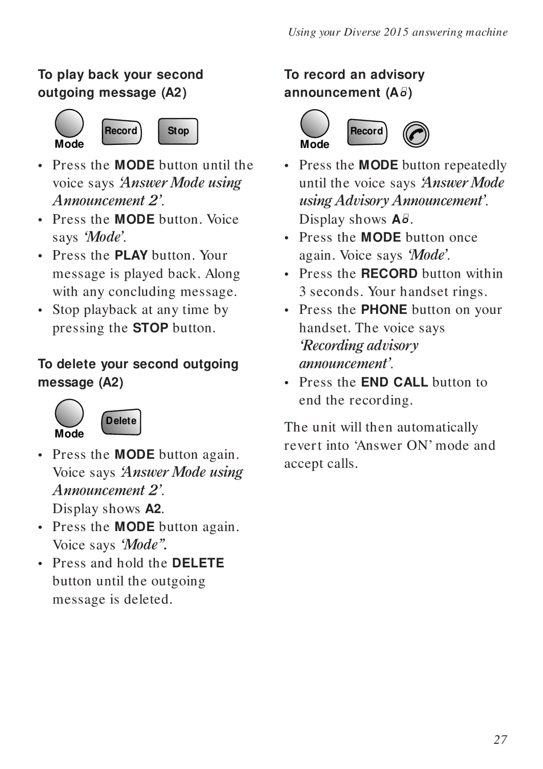 BT Diverse 2015 manual To play back your second outgoing message A2, To delete your second outgoing message A2 