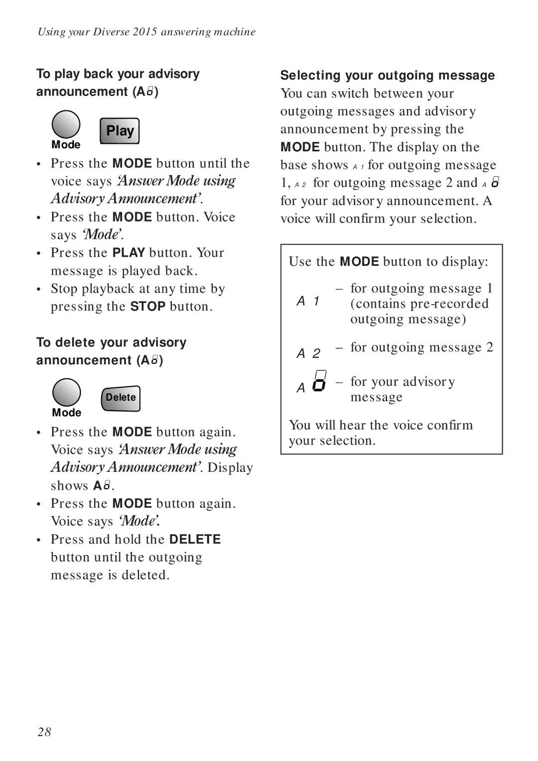 BT Diverse 2015 manual To play back your advisory Announcement a, To delete your advisory announcement a 