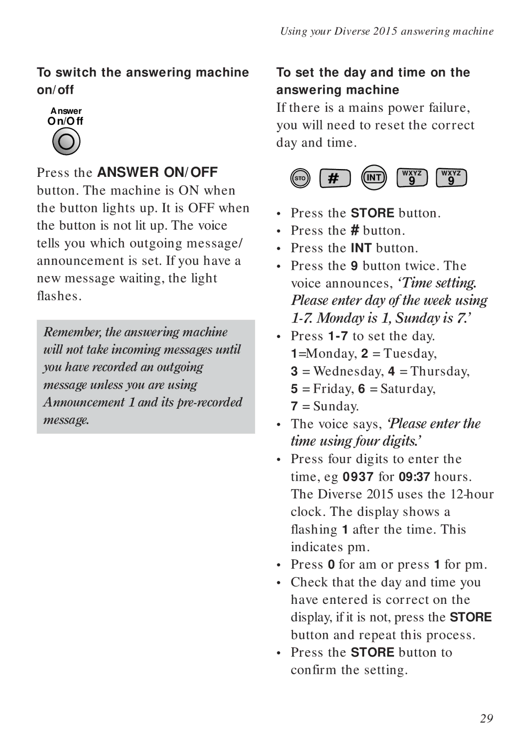 BT Diverse 2015 manual To switch the answering machine on/off, To set the day and time on the answering machine 