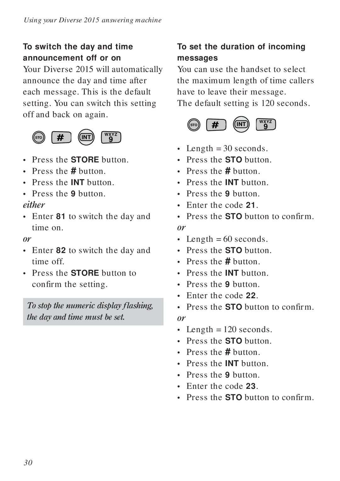 BT Diverse 2015 manual To switch the day and time announcement off or on, To set the duration of incoming messages 