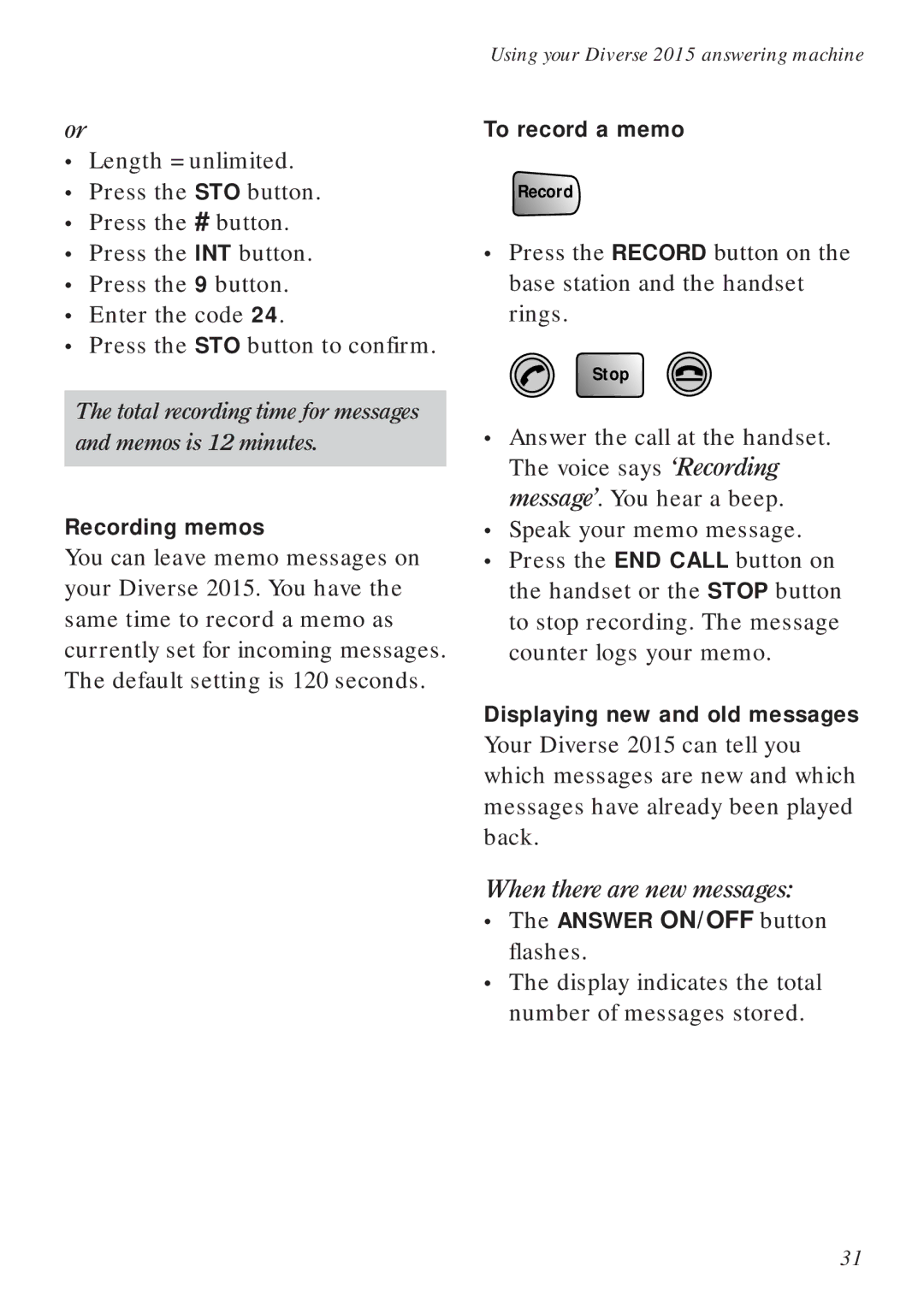 BT Diverse 2015 manual When there are new messages, Recording memos, To record a memo, Displaying new and old messages 