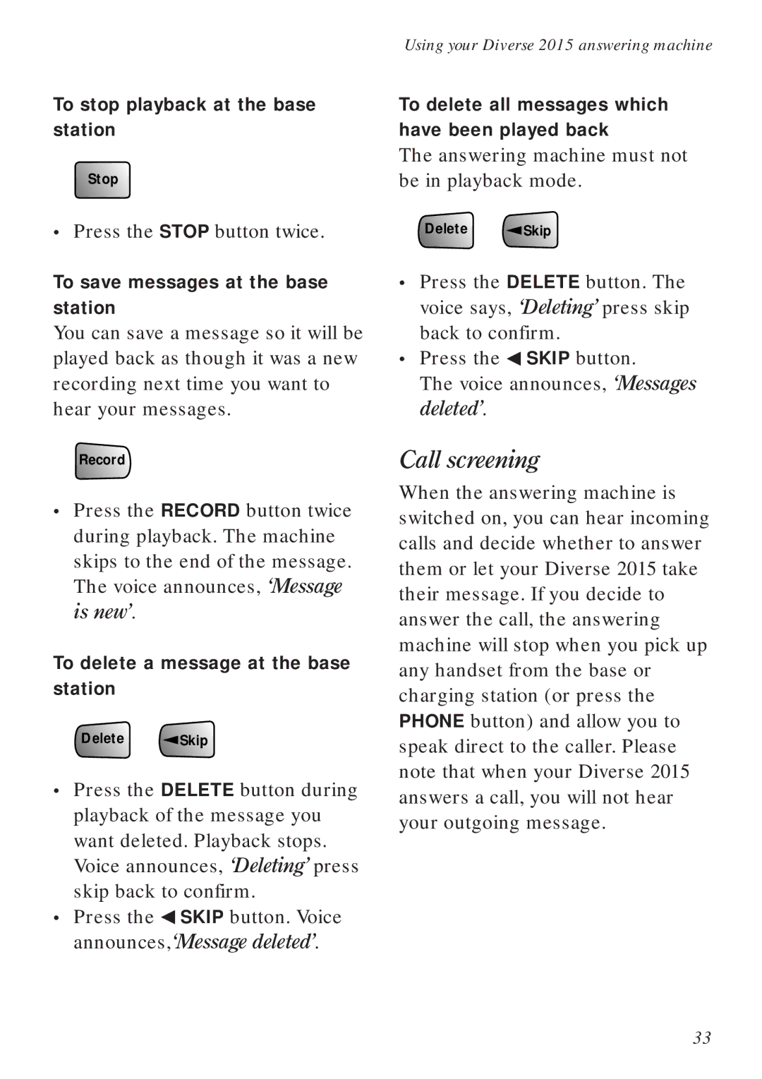 BT Diverse 2015 manual To stop playback at the base station, To save messages at the base station 