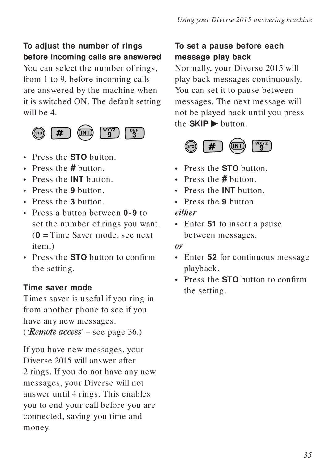 BT Diverse 2015 manual Time saver mode, To set a pause before each message play back 