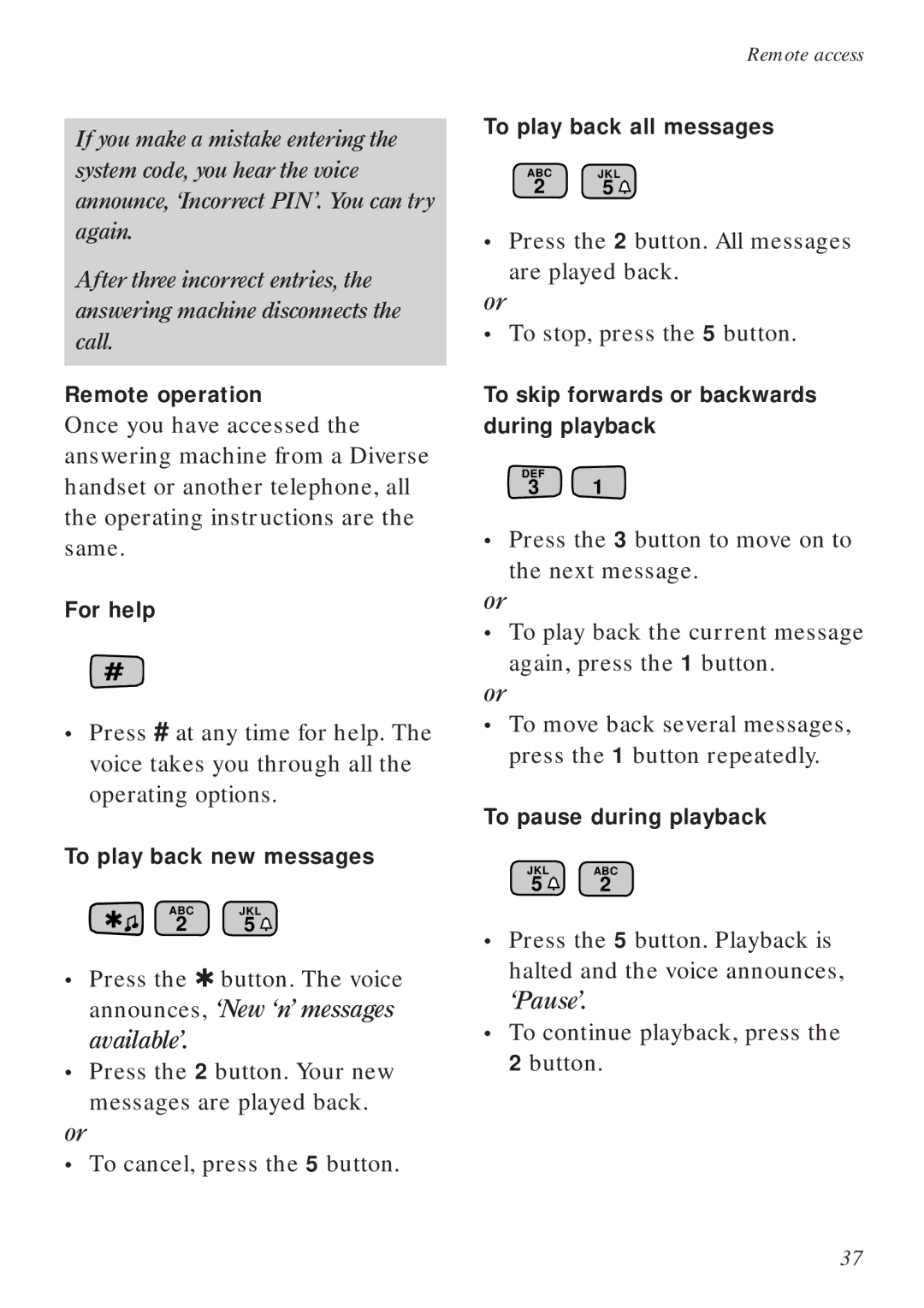 BT Diverse 2015 Remote operation, For help, To play back new messages, To play back all messages, To pause during playback 