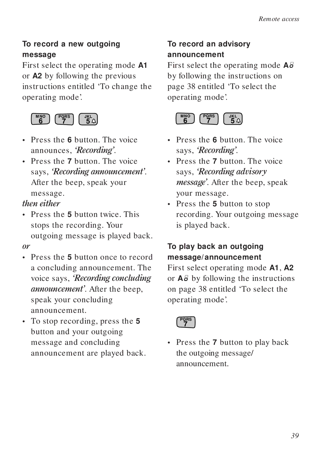 BT Diverse 2015 manual Then either, To record a new outgoing message, To record an advisory announcement 