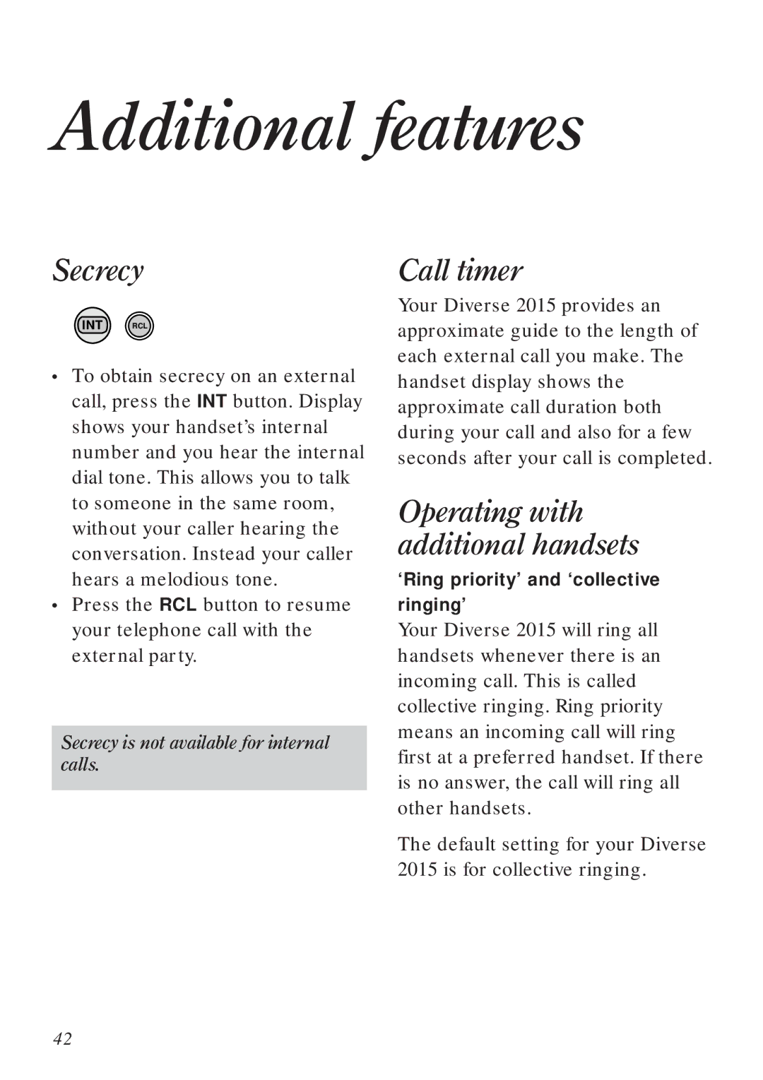 BT Diverse 2015 manual Additional features, Secrecy, Call timer, Operating with additional handsets 