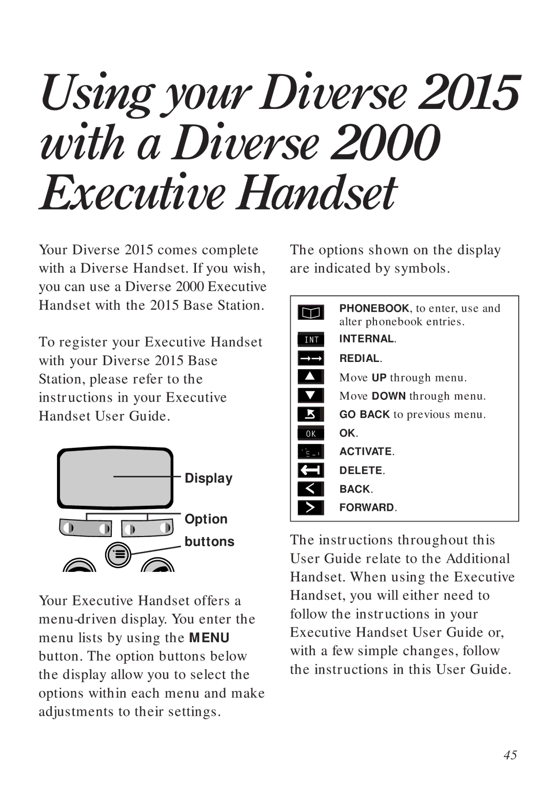 BT Diverse 2015 manual Display Option Buttons 