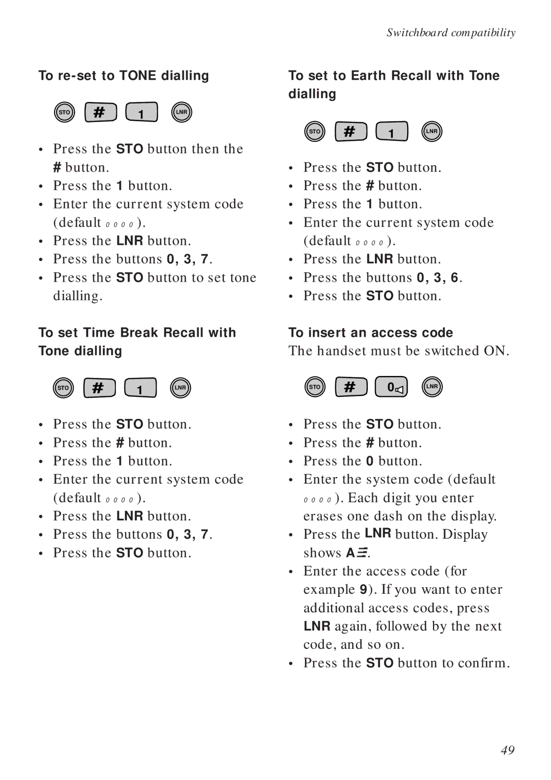 BT Diverse 2015 manual To re-set to Tone dialling, To set Time Break Recall with Tone dialling, To insert an access code 